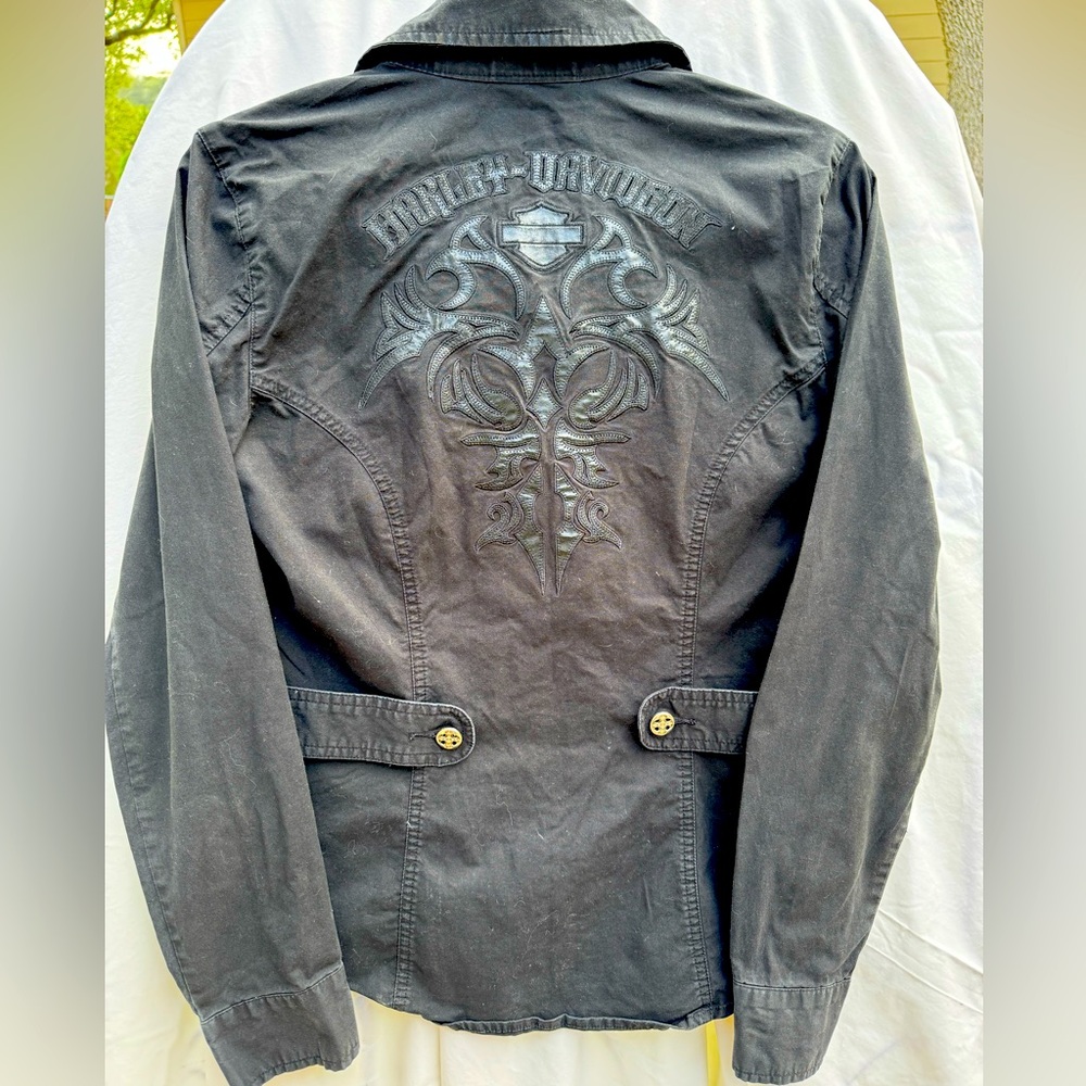Harley-Davidson Black Womens long sleeve blouse size small w/leather like detail